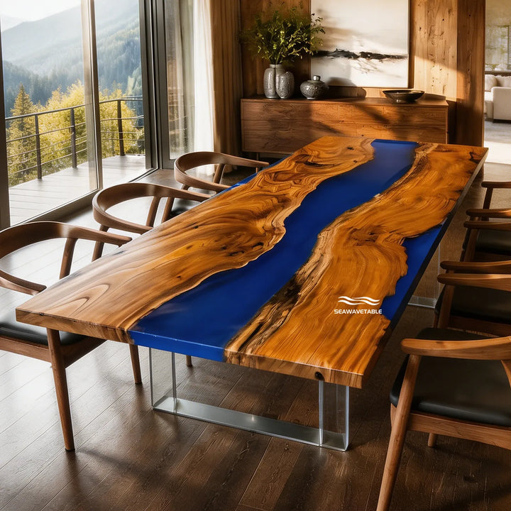 Handcrafted olive wood epoxy river table for contemporary dining room