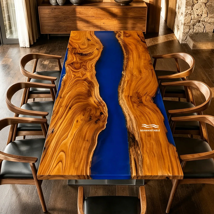 Royal blue resin river table with natural olive wood grain texture