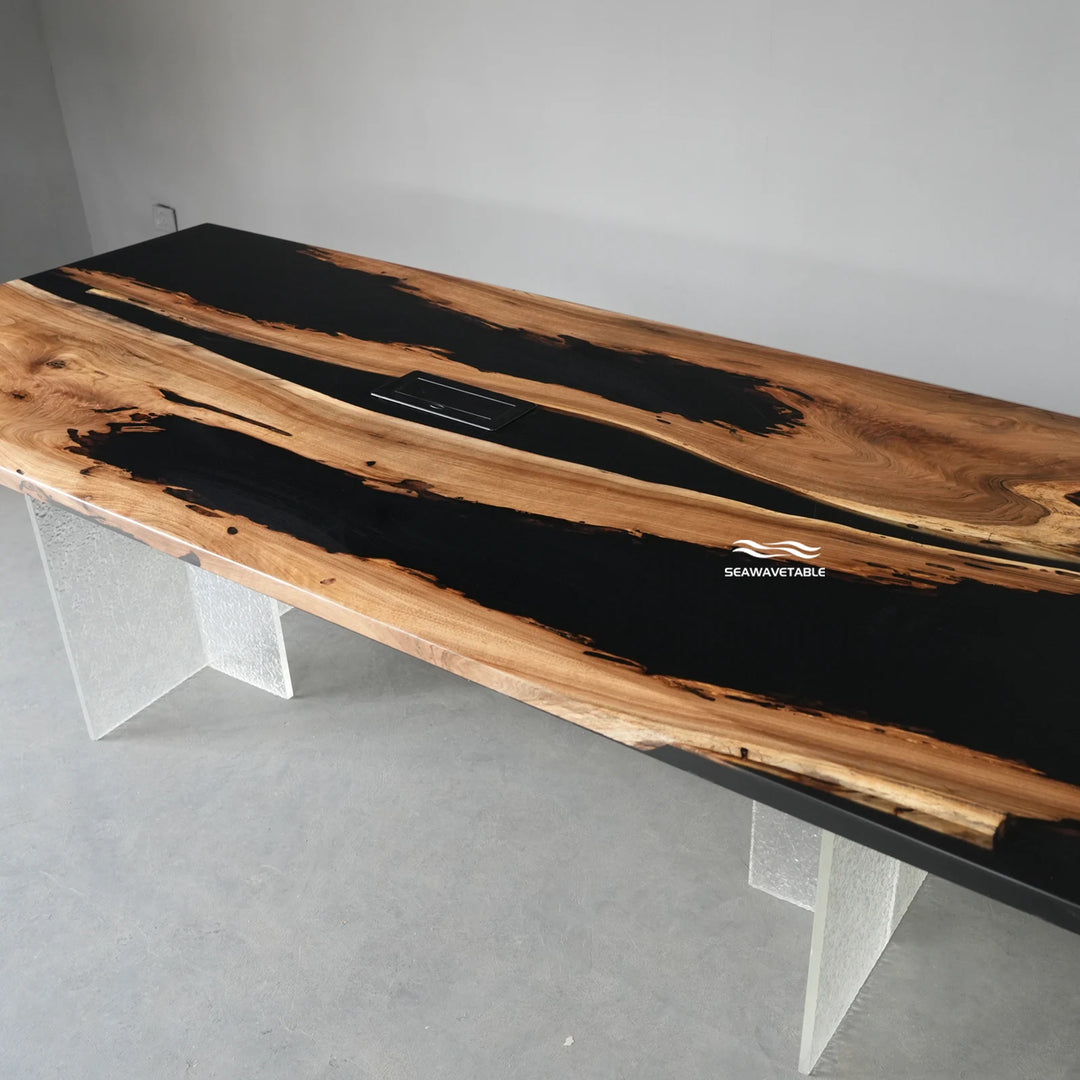 Display image of a handcrafted black walnut conference epoxy table featuring rich wood grain details and a refined black resin finish - SeaWaveTable