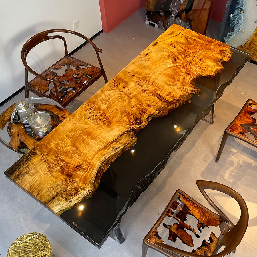Stunning live - edge resin table with poplar wood, paired with matching chairs