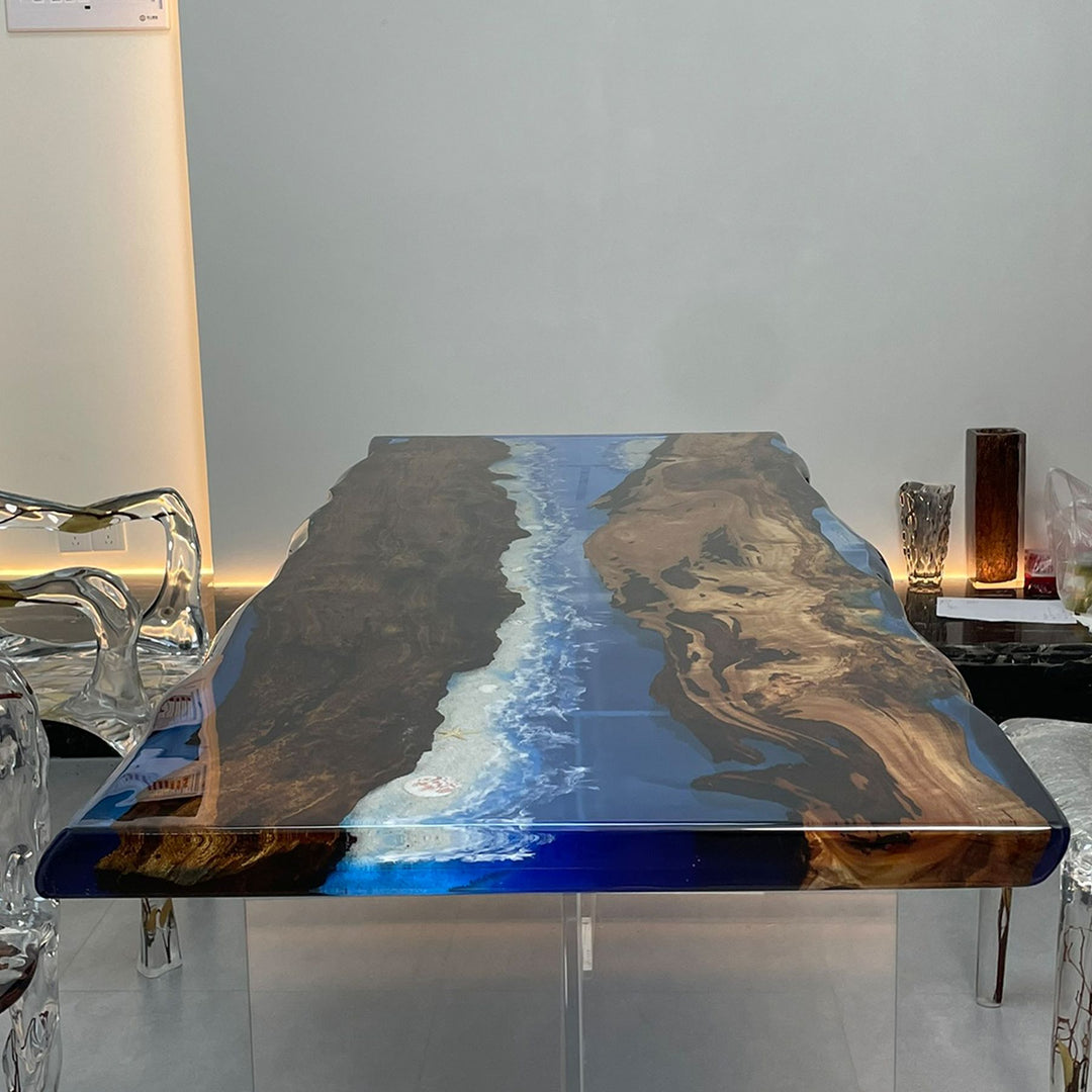 A stunning resin table with a natural wood - inlaid top, showcasing a vivid blue "river" design.