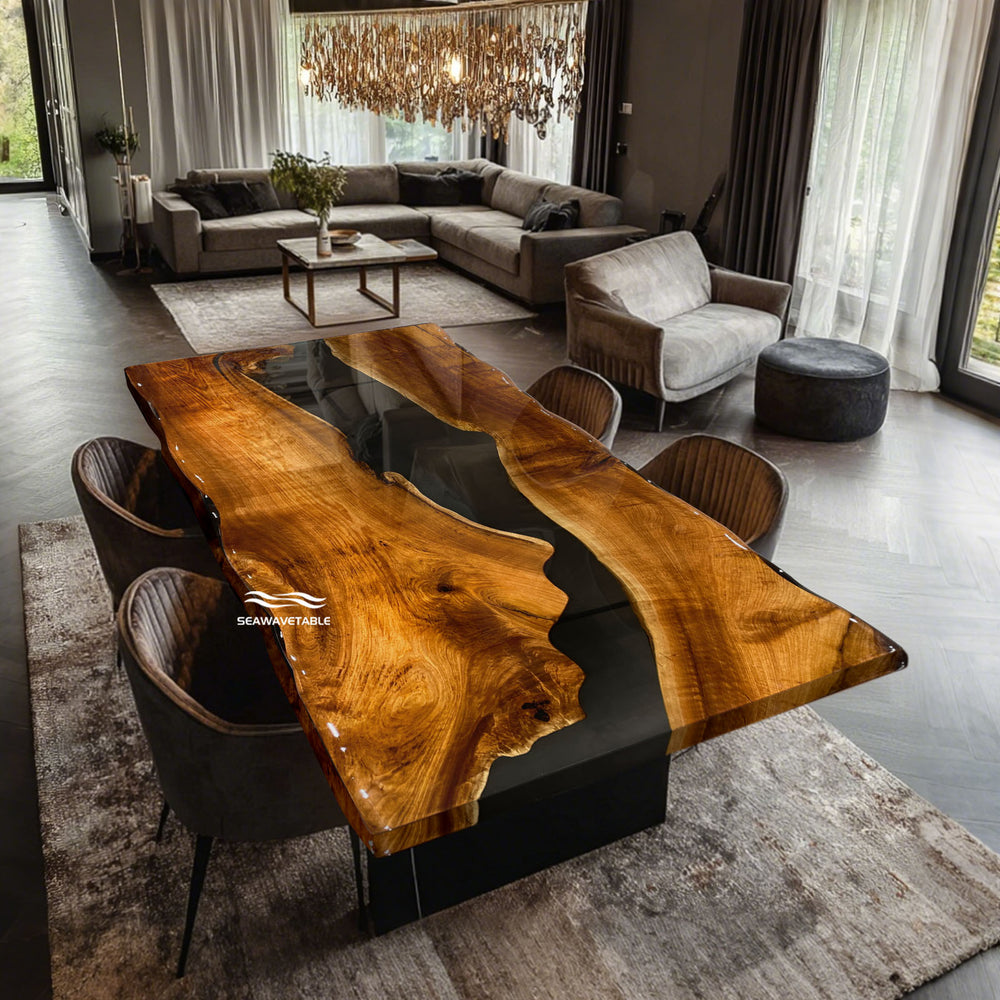 black walnut river table with glossy finish and rustic charm