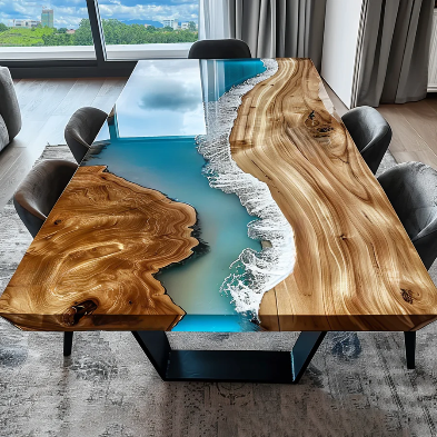 Custom Walnut Teal Clear Epoxy Table CRT-082 42"W*84"L