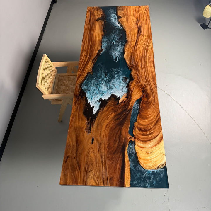 Two-inch thick tabletop with navy resin and solid wood construction
