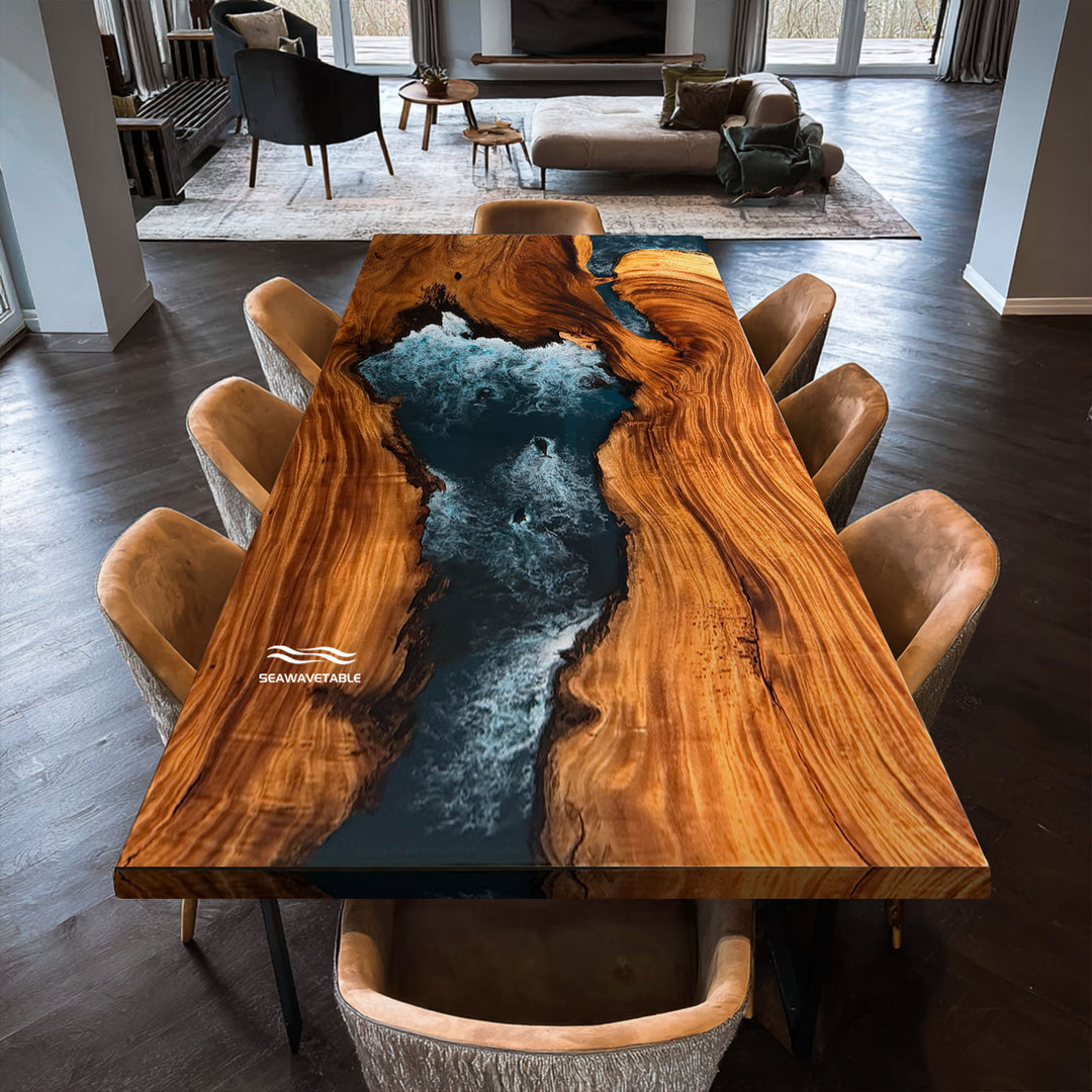 Close-up of ocean fish details within the glossy navy resin river.