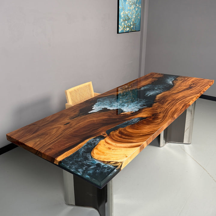 Straight-edge tabletop design showing clean lines and natural wood texture.