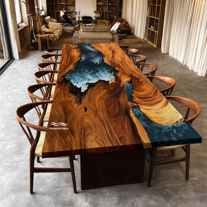 Matte-finished solid wood grain on the CRT-247 ocean-inspired resin table.