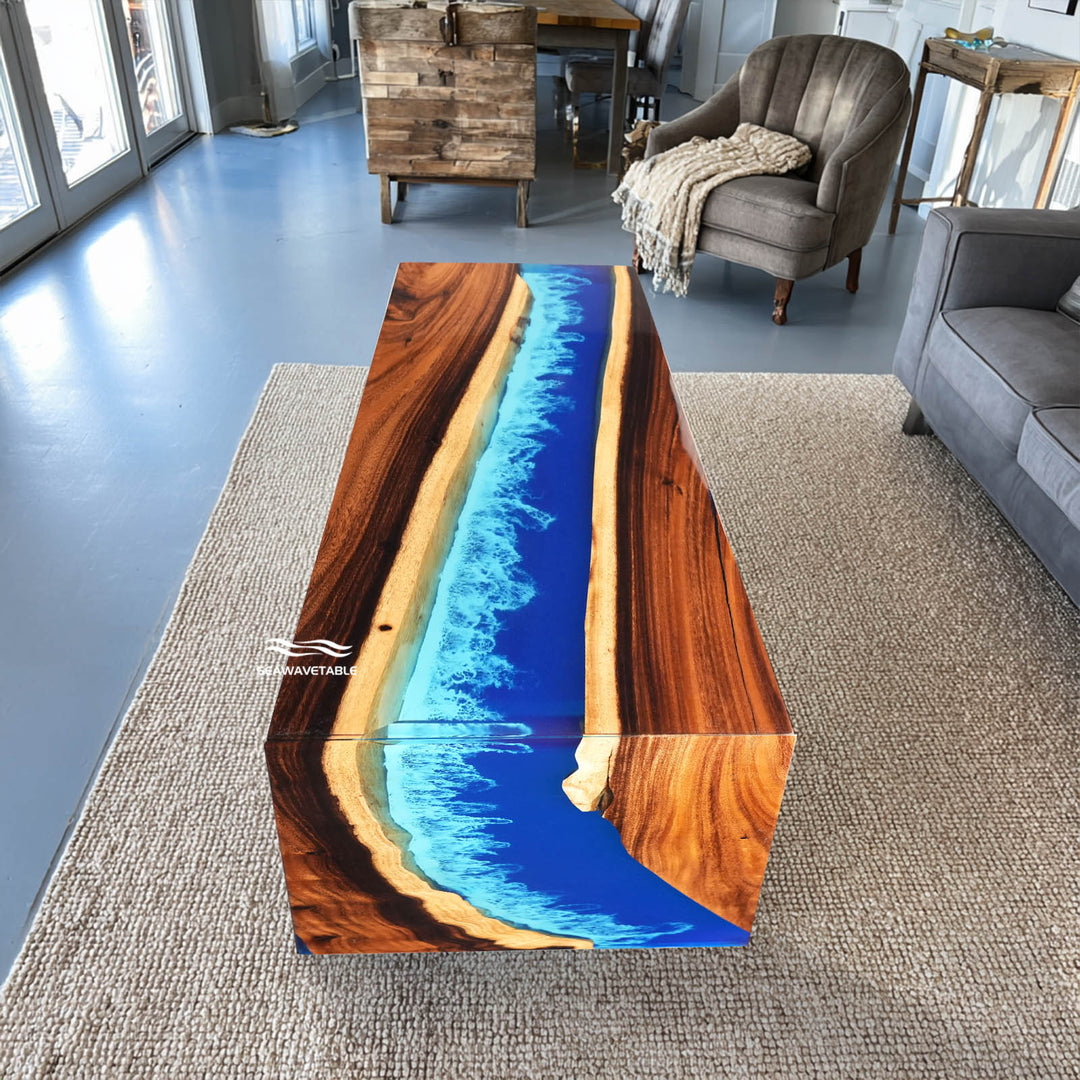 Miami style blue ocean resin waterfall console table in a modern living room.