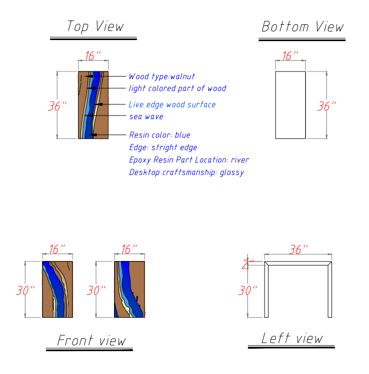 Contemporary industrial style walnut console table with vibrant blue accents.