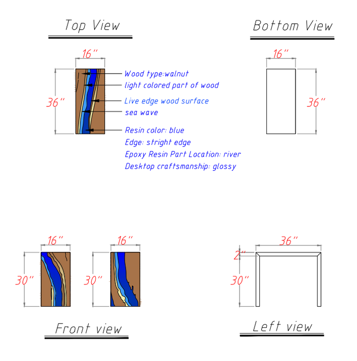Contemporary industrial style walnut console table with vibrant blue accents.
