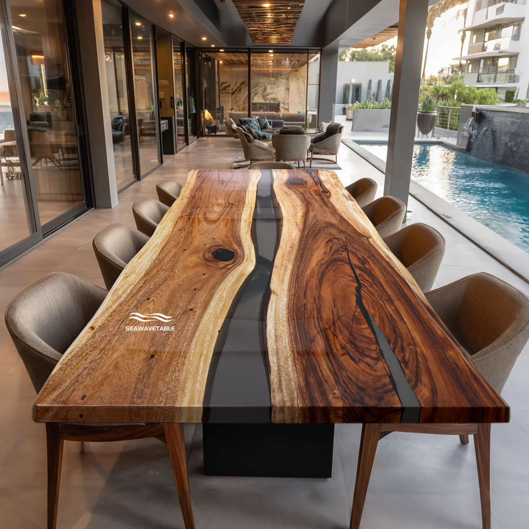 CRT-279 Scottsdale Modern live edge dining table with black resin river in a luxury patio setting.