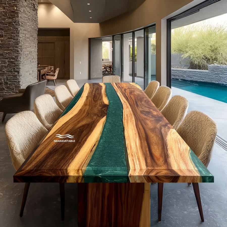 CRT-285 epoxy river dining table with green resin and natural wood slabs