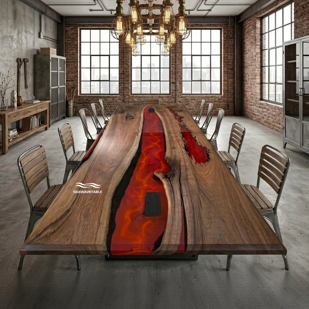Black Walnut Red Lava River Table CRT-339 – Luxury Epoxy Dining Statement Piece