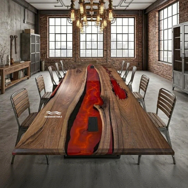 Black Walnut Red Lava River Table CRT-339 – Luxury Epoxy Dining Statement Piece