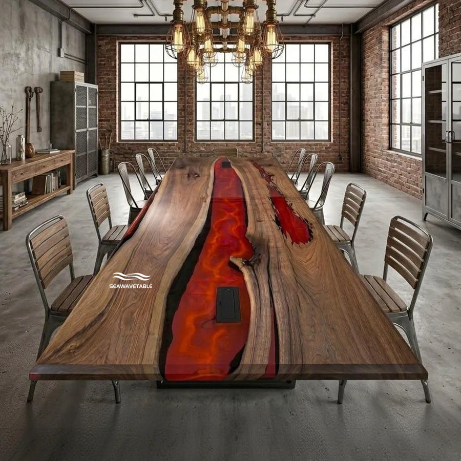Black Walnut Red Lava River Table CRT-339 – Luxury Epoxy Dining Statement Piece