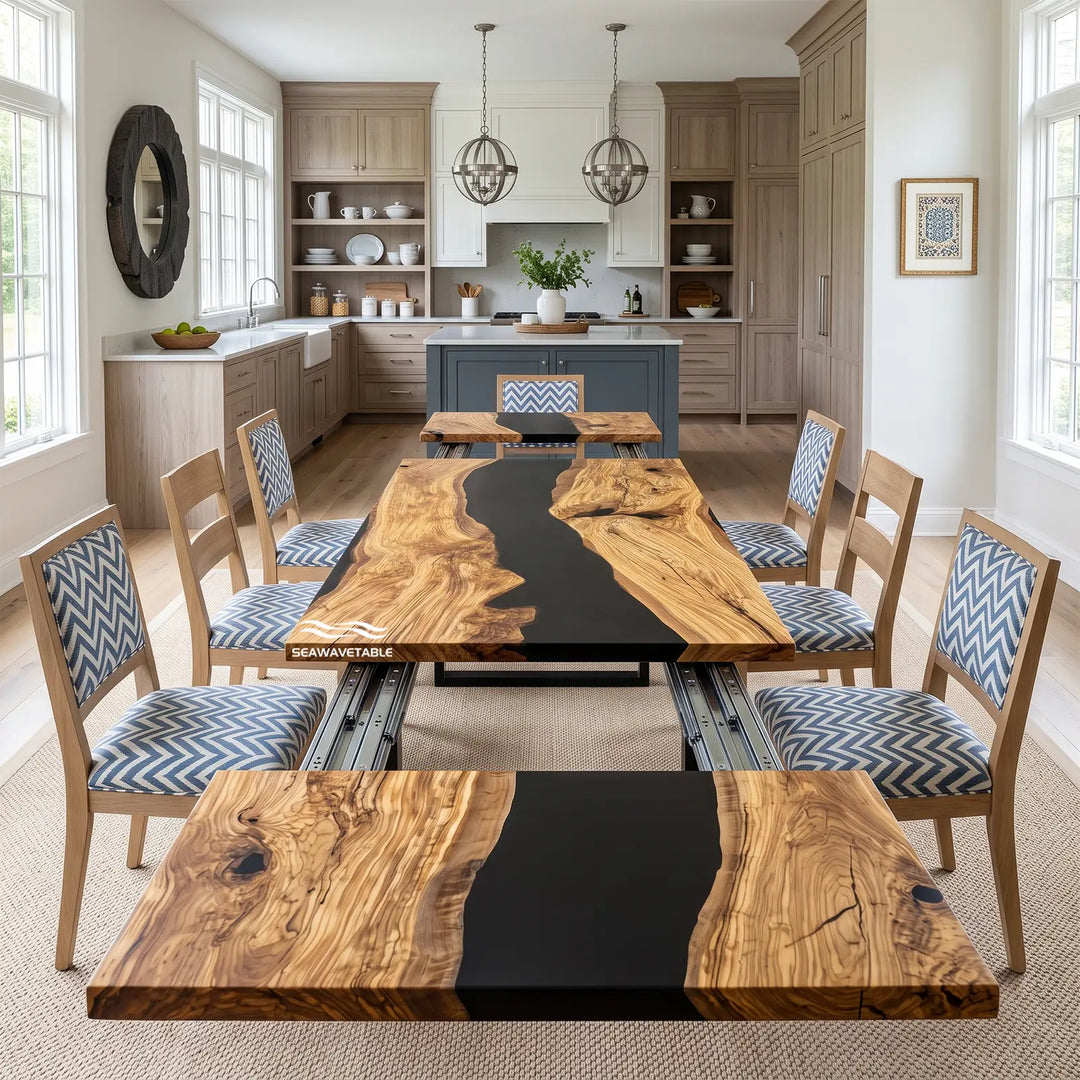 CRT-403 folding epoxy resin wood dining table with black river design