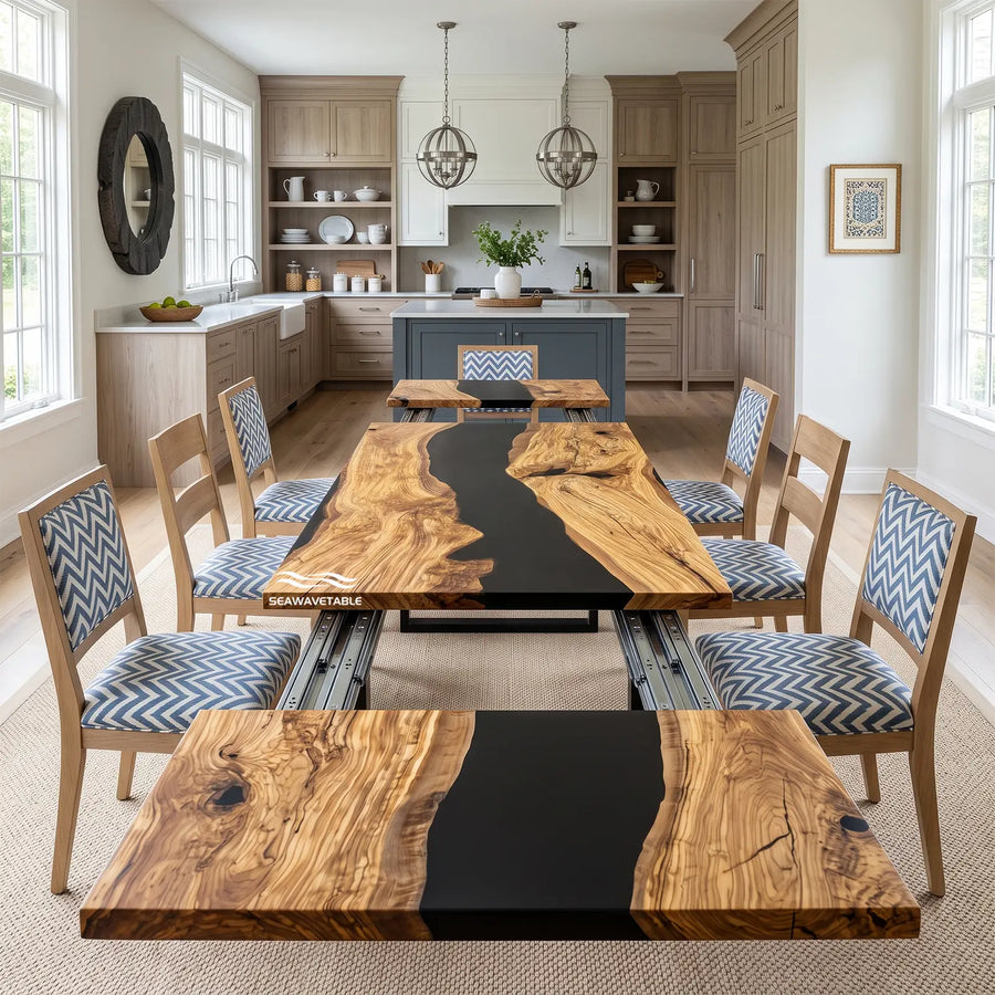 CRT-403 folding epoxy resin wood dining table with black river design