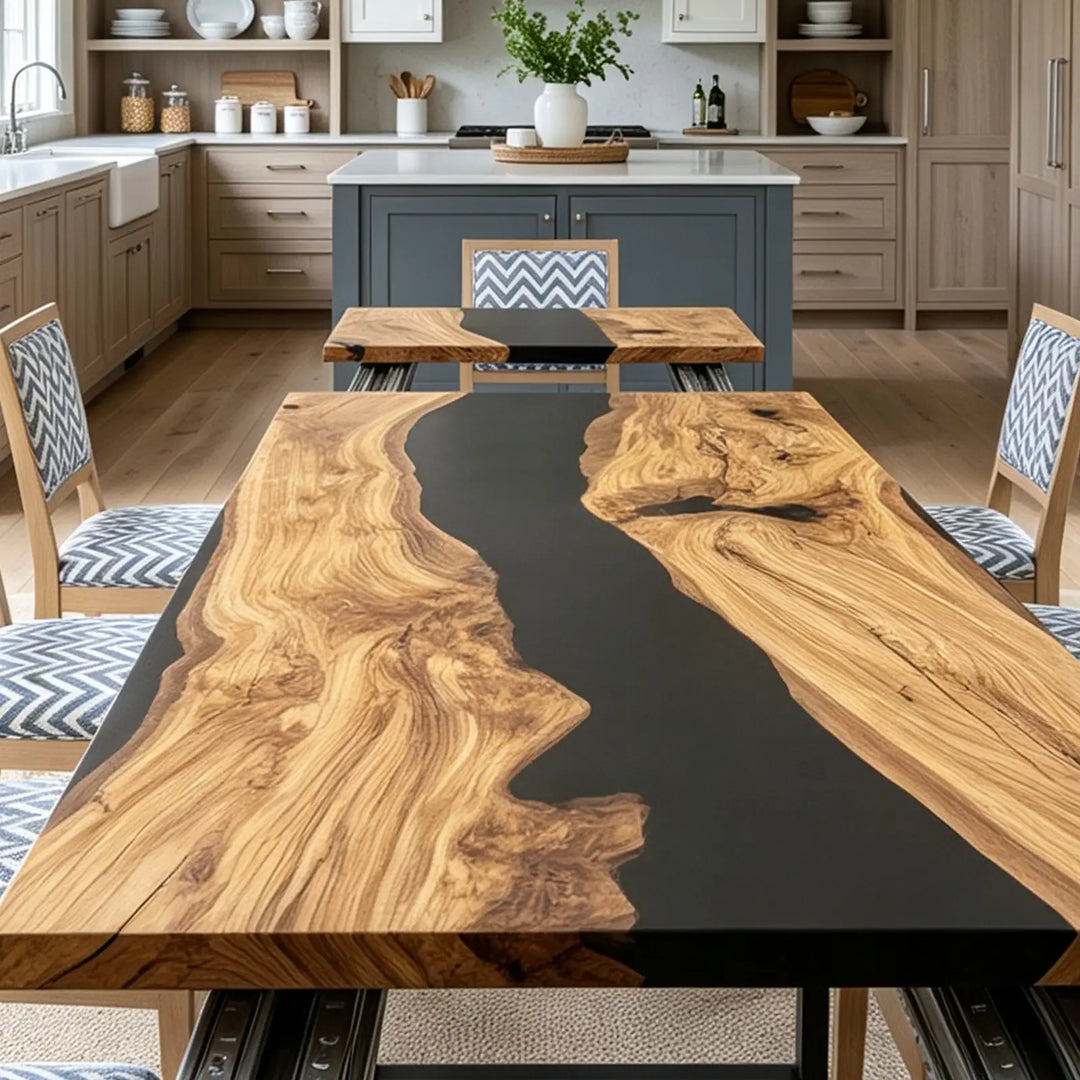 Black river epoxy resin folding dining table for modern interiors