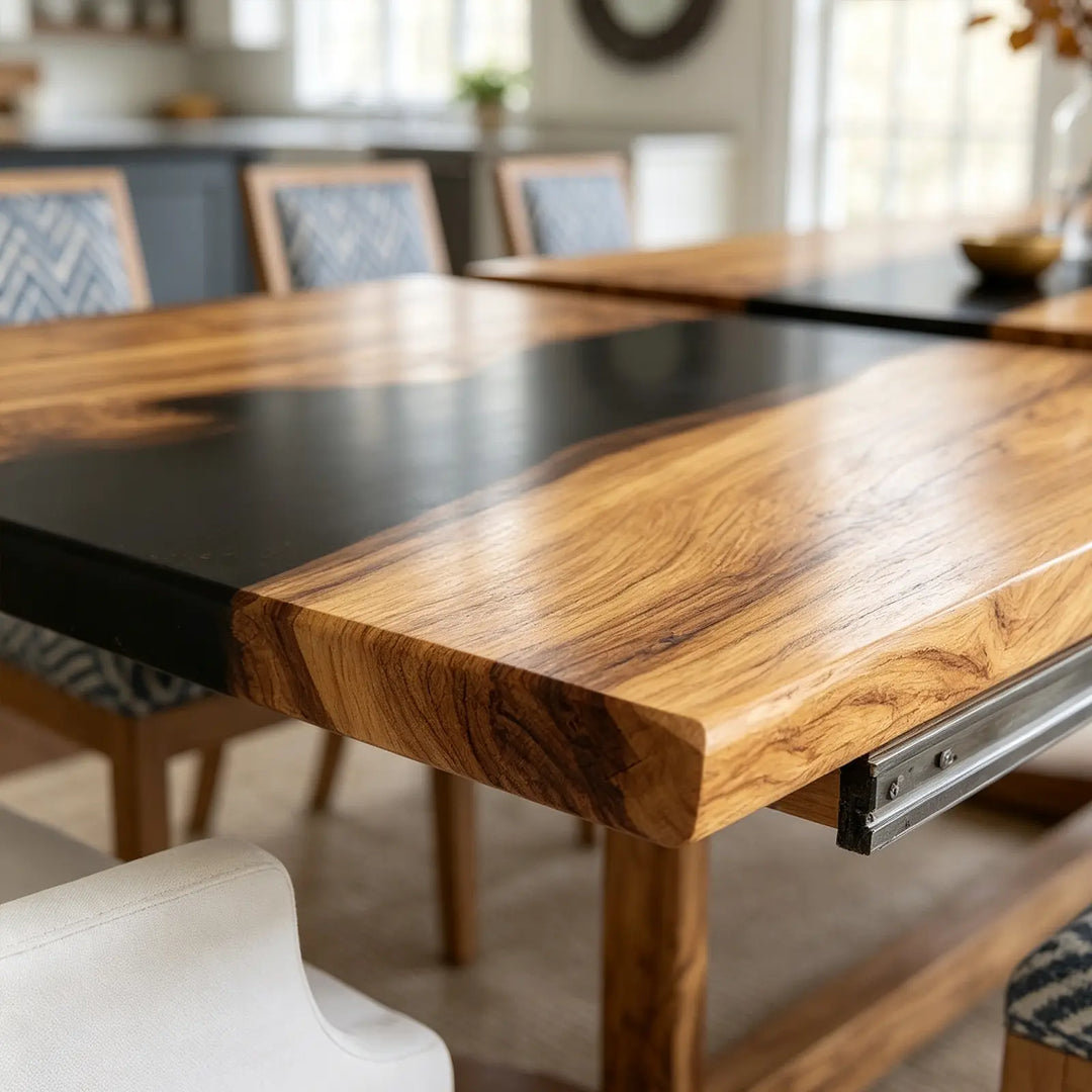 Close-up of black epoxy resin river on a natural wood folding table