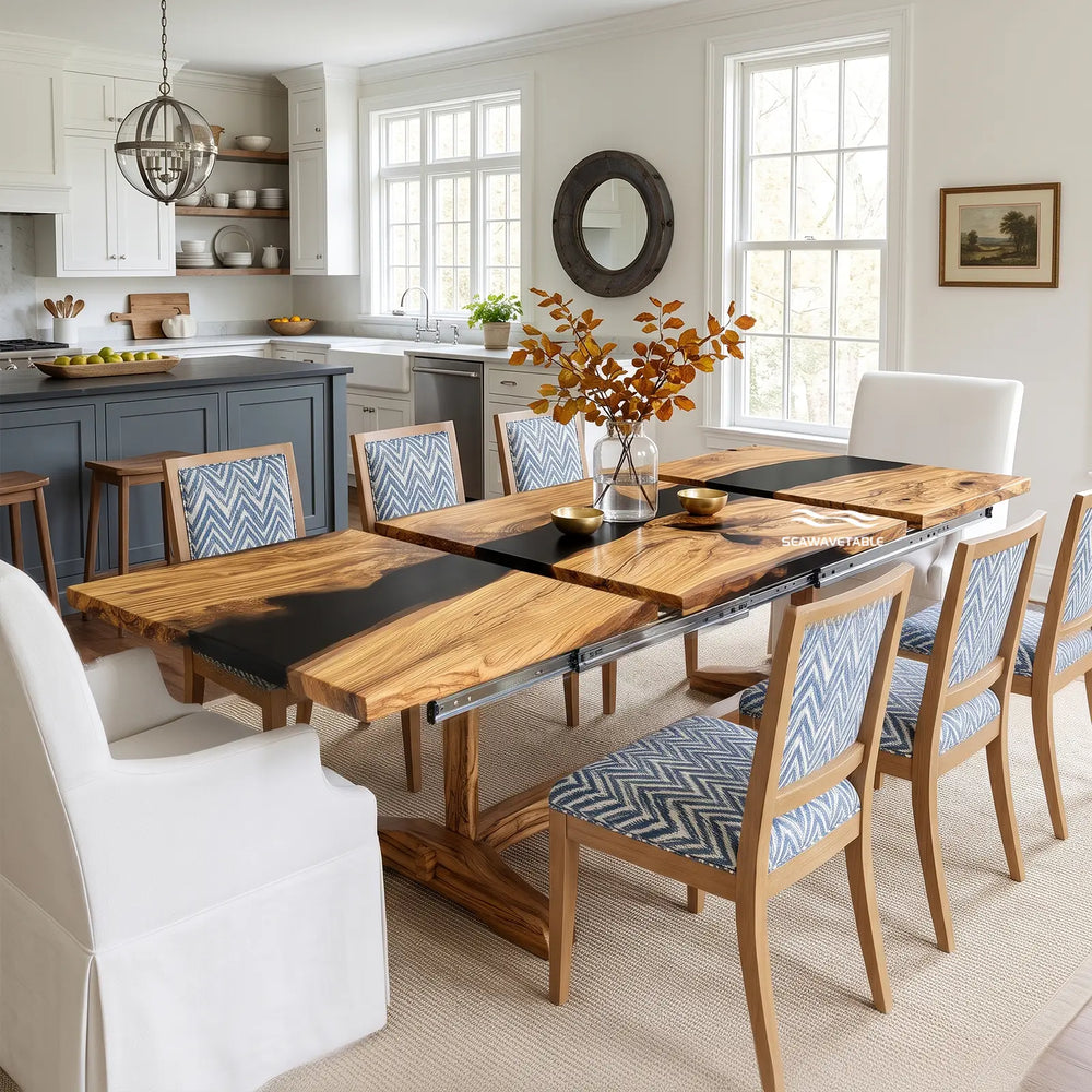 Modern rustic folding dining table with natural wood and black epoxy resin