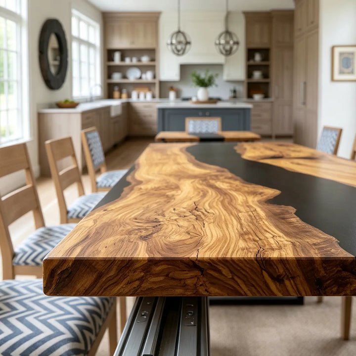 Natural wood folding dining table with artistic black resin centerpiece