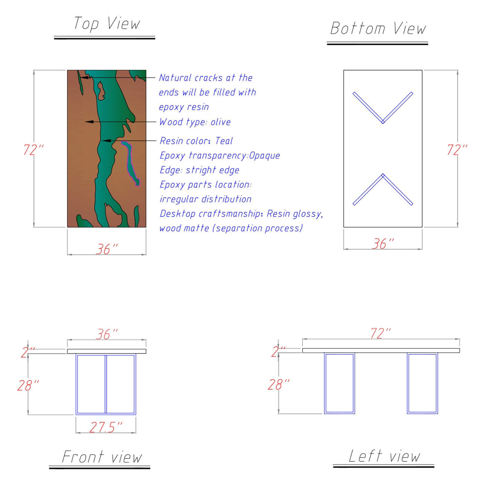 Close-up of olive wood and Mystic Lagoon resin river, highlighting glossy resin finish and natural wood texture.
