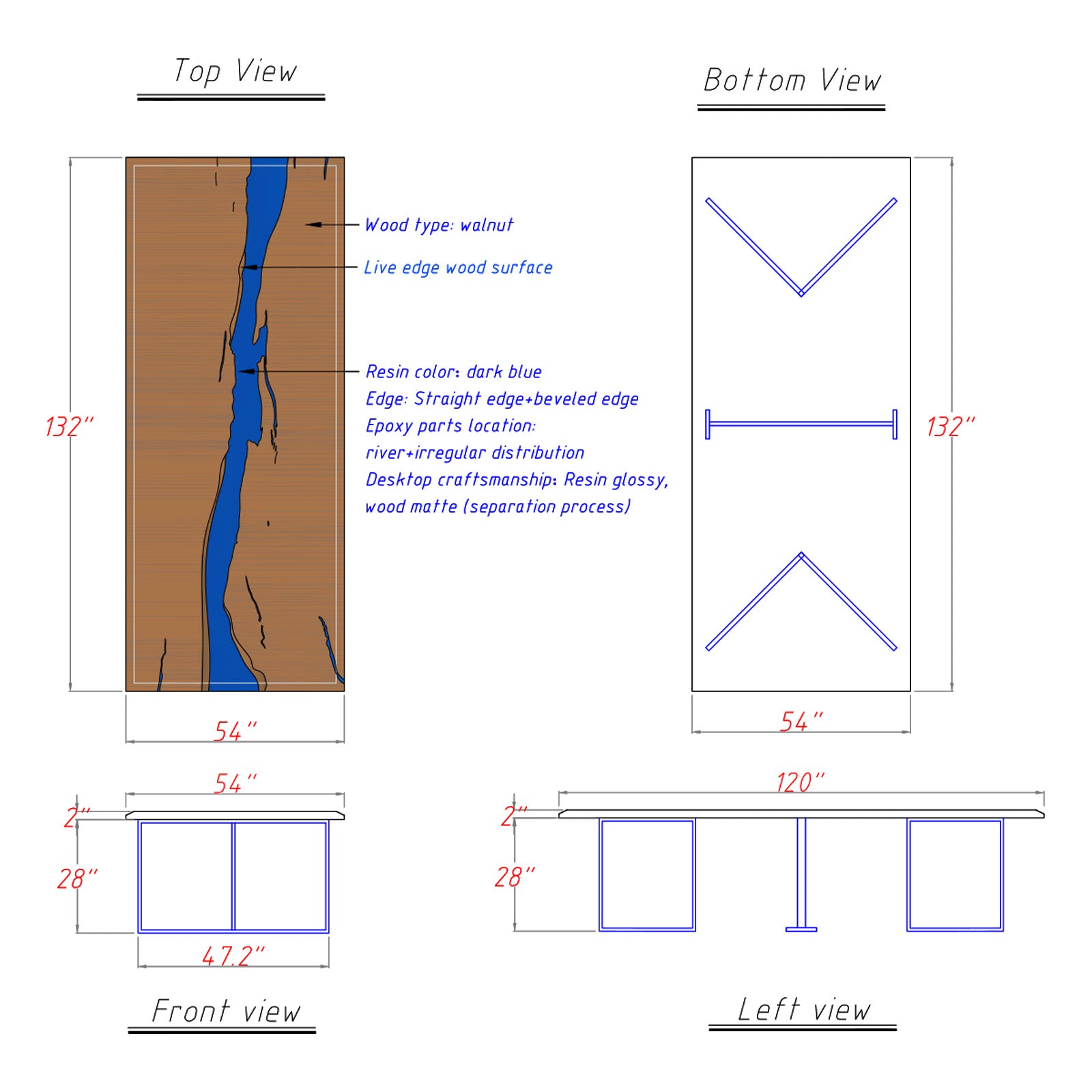 Side view of solid walnut banquet table with swirling ocean blue resin, highlighting bevel edges and elegant craftsmanship.