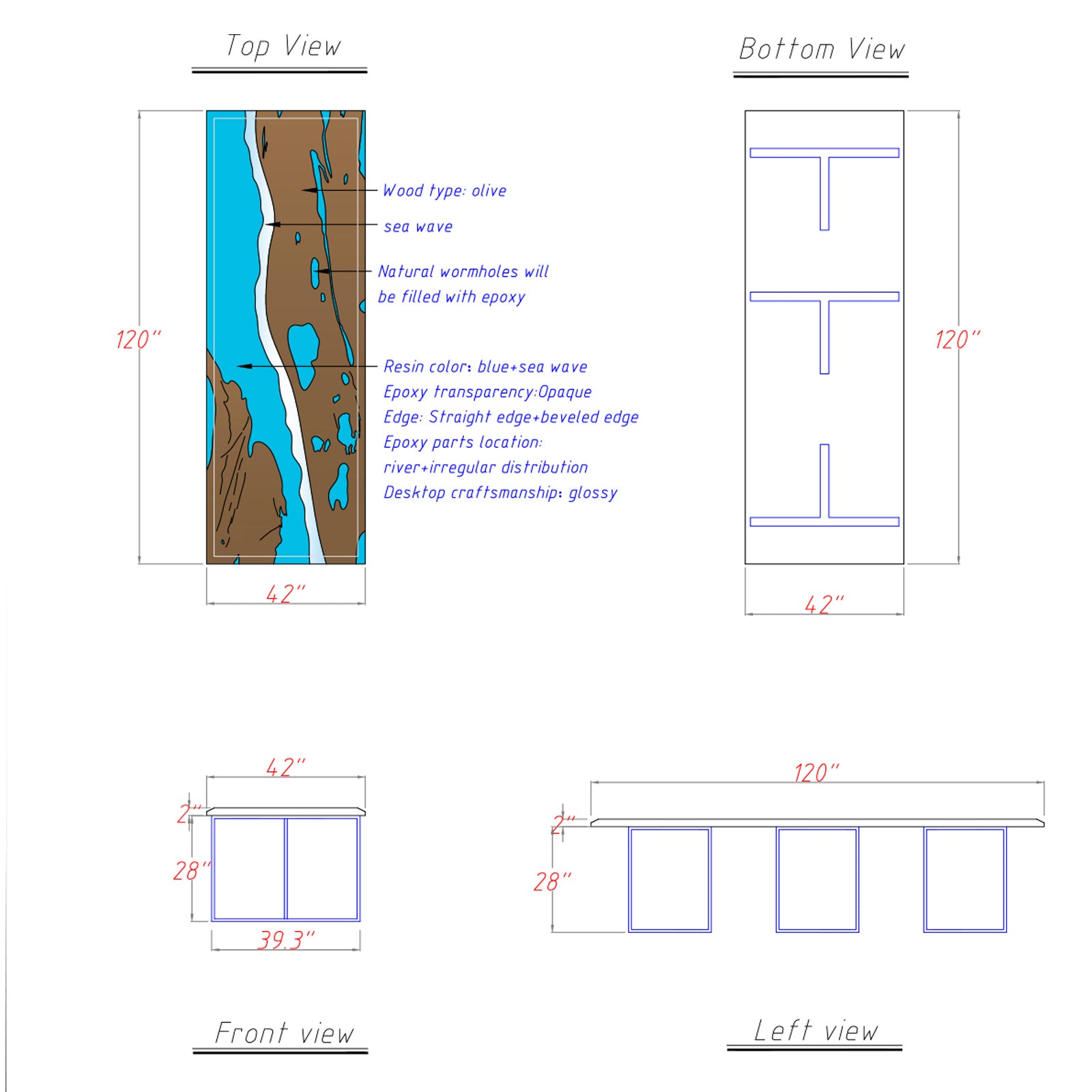 Hand-drawn design plans for CRT-082 olive wood and Ocean Serenity resin table, coastal-inspired