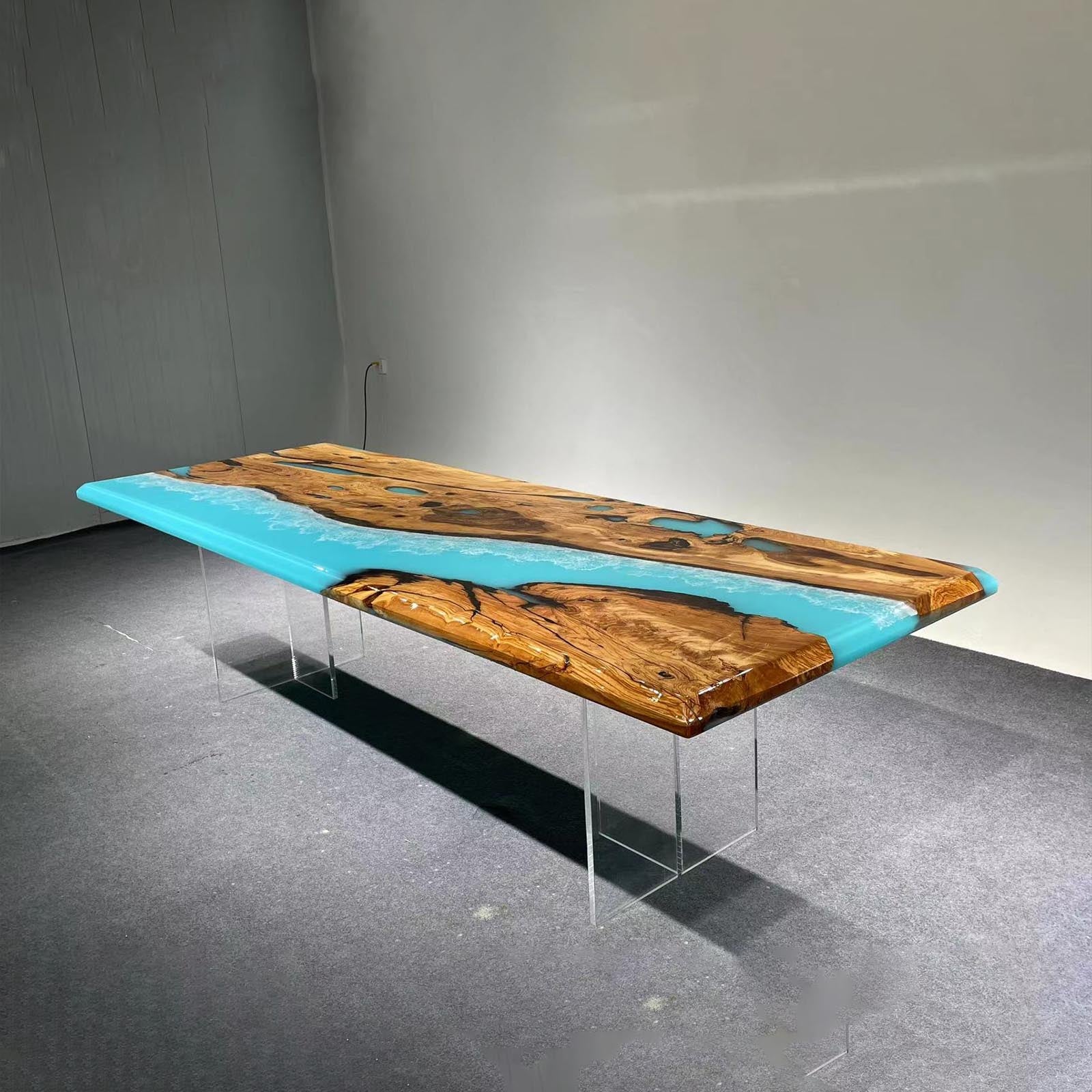 Close-up of Ocean Serenity resin pouring process for CRT-082 olive wood table