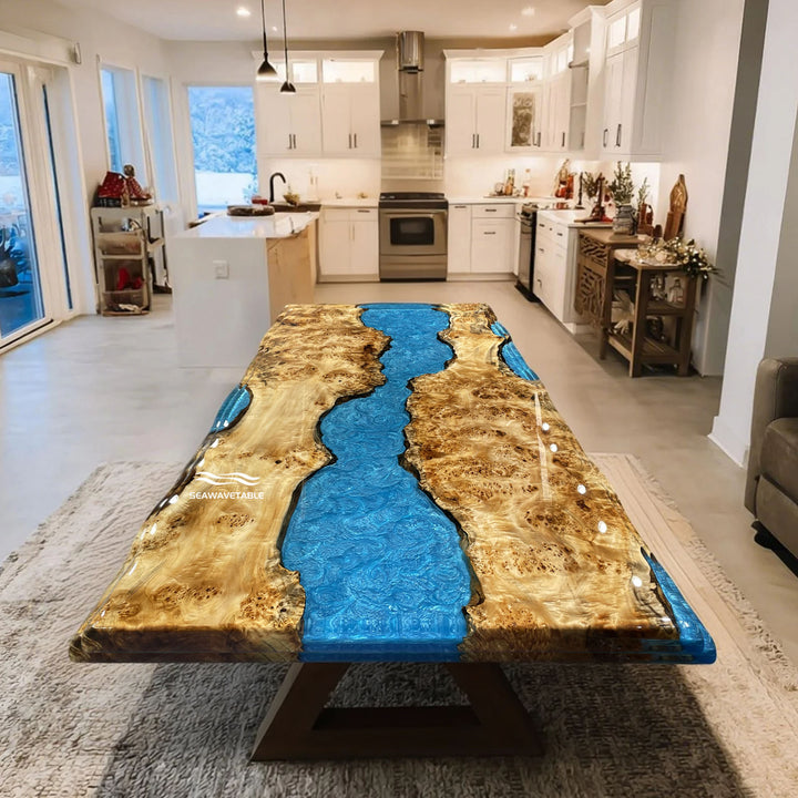 Poplar live edge dining table with blue epoxy river design