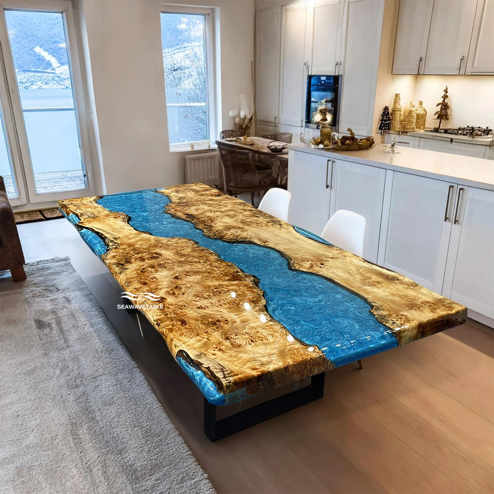 Luxury blue epoxy and live edge poplar wood dining table centerpiece