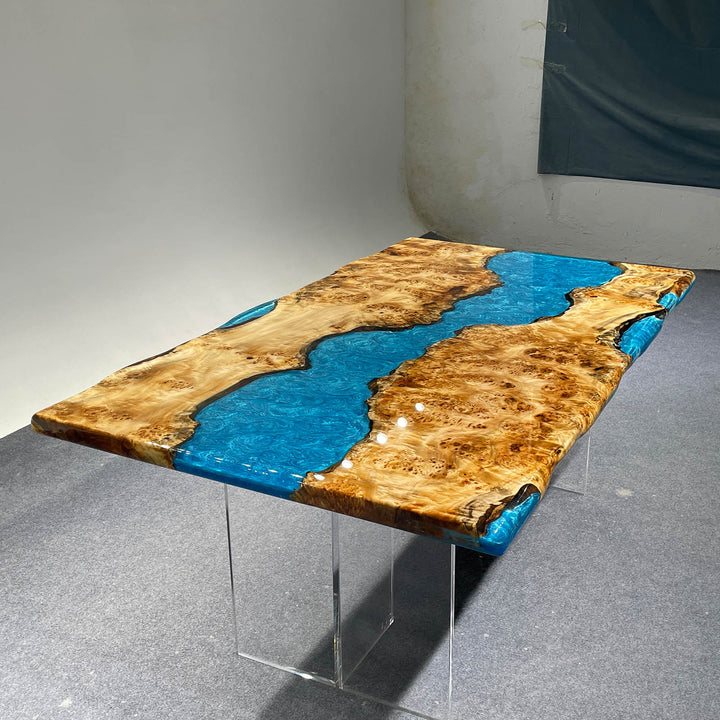 High-end epoxy river table with detailed poplar burl grain patterns