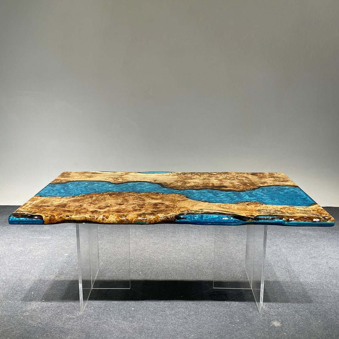Artisan-made blue resin river dining table for modern home interiors