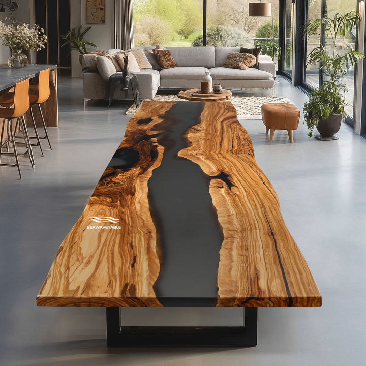 Olive wood live edge dining table with black epoxy river