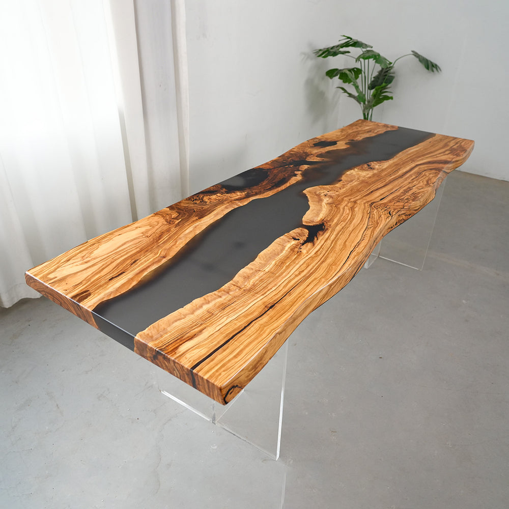 Luxury handcrafted olive wood epoxy table surface texture