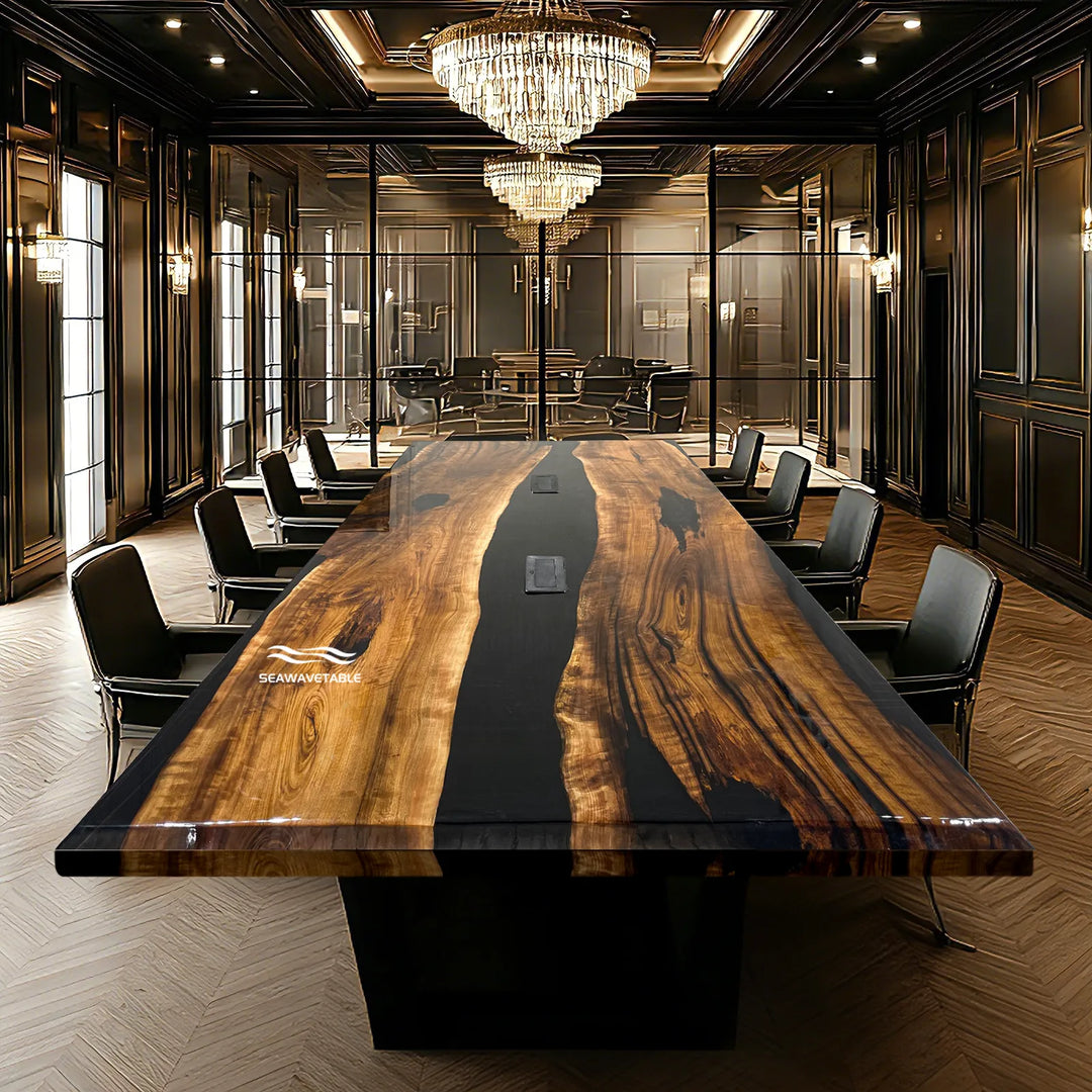 Executive black epoxy river conference table with built in power outlets and live edge wood