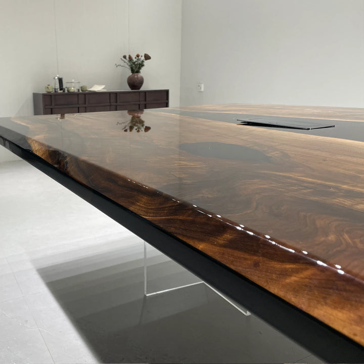 Luxury corporate table with black epoxy center and solid wood sides