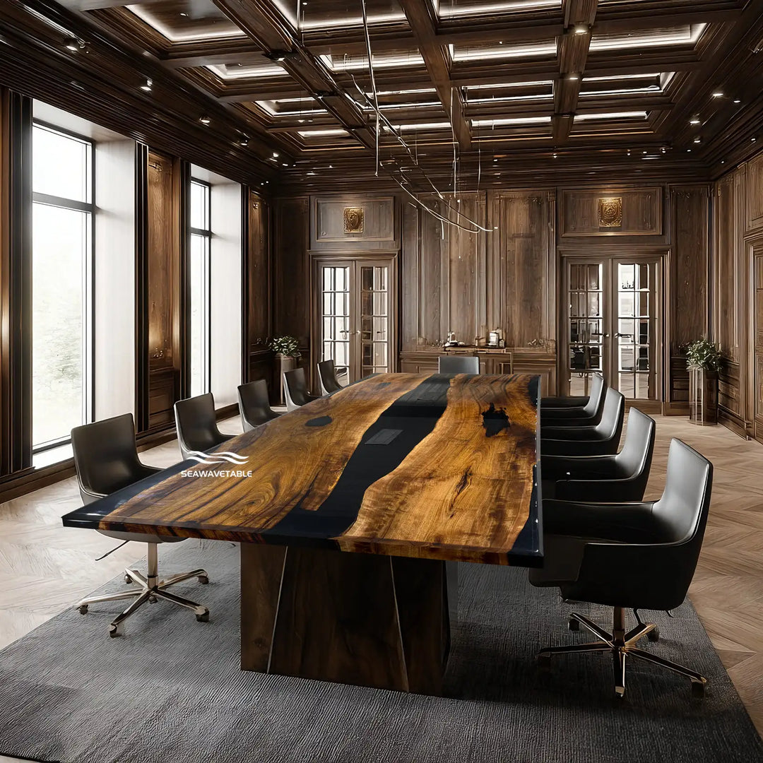 Luxury boardroom table with black resin river and integrated power sockets