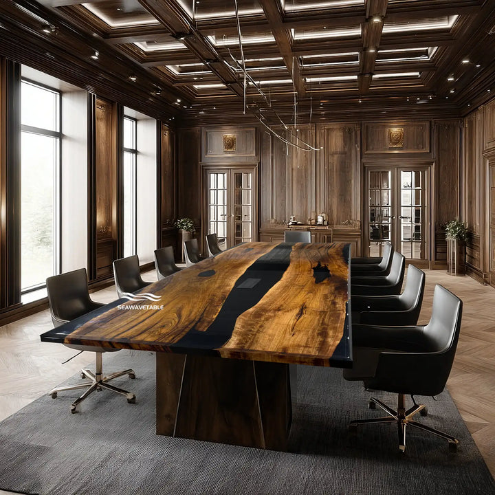 Luxury boardroom table with black resin river and integrated power sockets