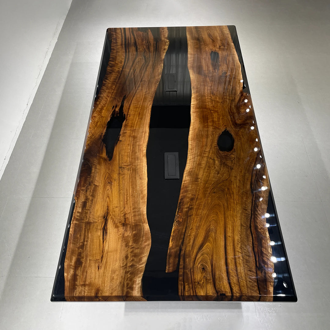 Modern corporate conference table with solid wood and epoxy river design