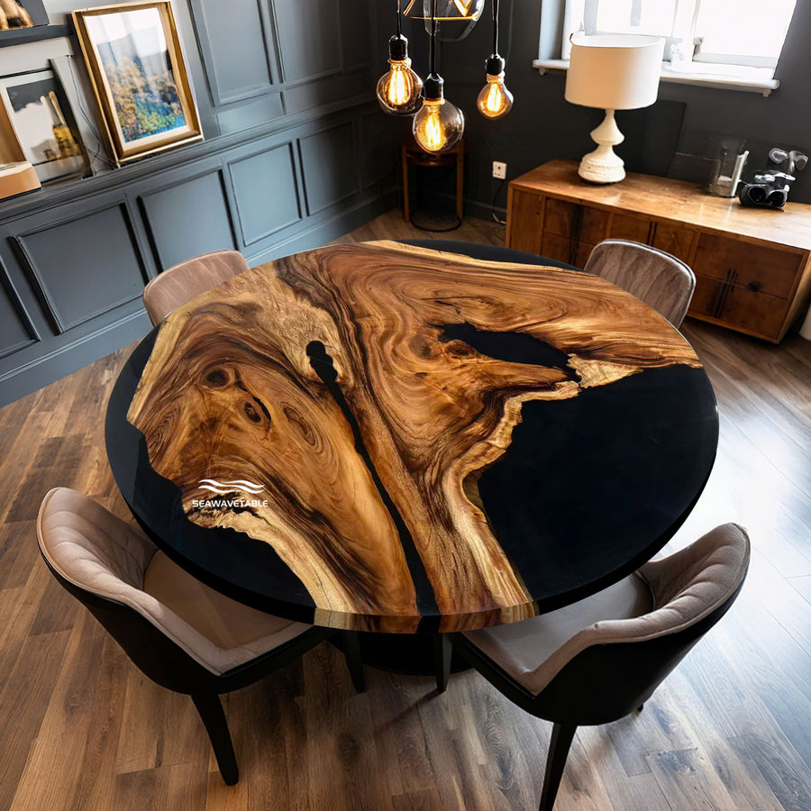 Round olive wood epoxy river table with deep black resin design