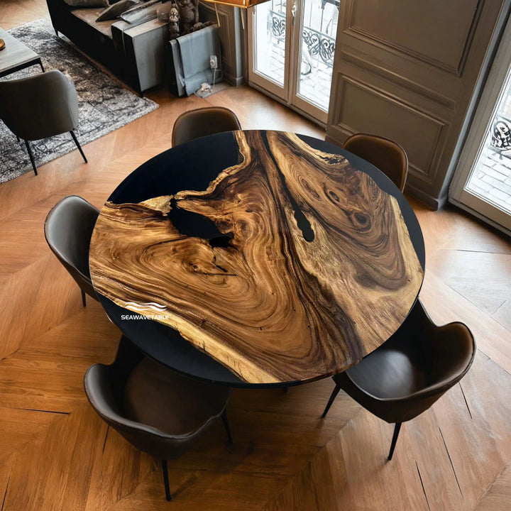 Chicago minimalist round epoxy table in olive wood and black resin