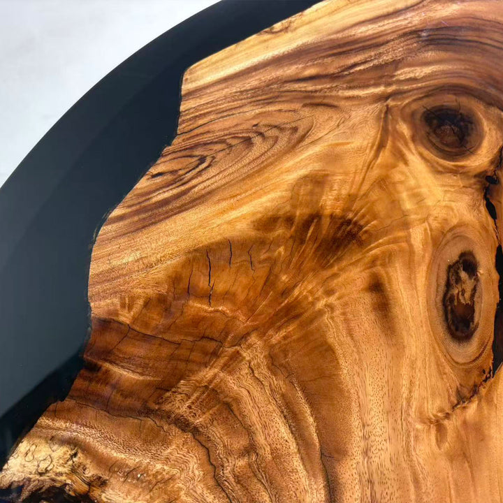 Contemporary round epoxy wood table with high-gloss finish