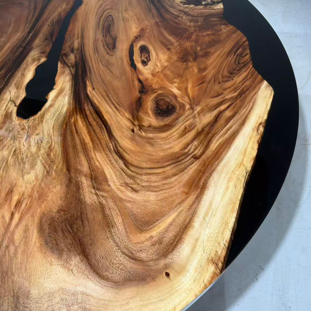 Modern luxury round coffee table made from olive wood and epoxy