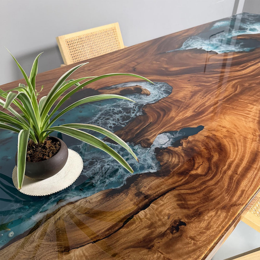 Artisan-made CRT-272 walnut wood dining table with realistic 3D ocean wave resin inlay, a statement functional art piece for modern luxury homes.