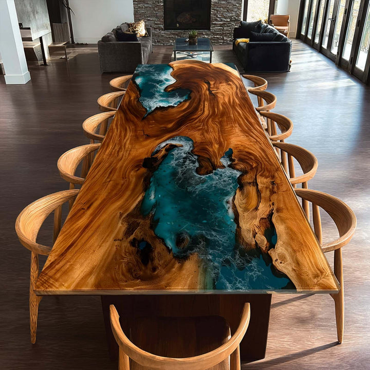 Luxury walnut epoxy river dining table with ocean-blue resin centerpiece in a modern open-plan living space