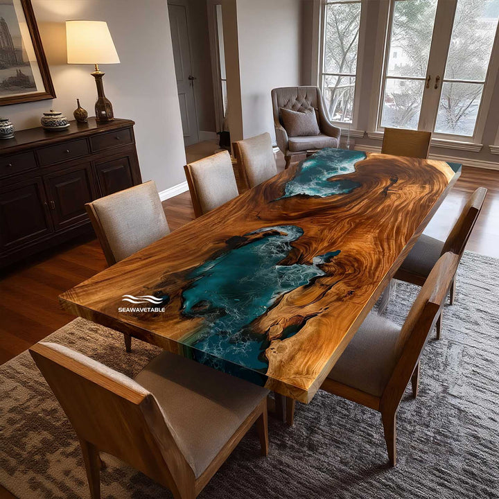 Coastal-inspired solid walnut resin dining table surrounded by wooden chairs in a contemporary interior