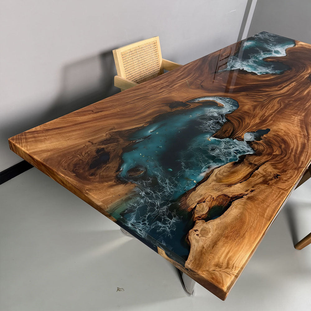 One-of-a-kind live edge wood and blue resin river dining table CRT-272, handcrafted artisan furniture for high-end coastal interior design.