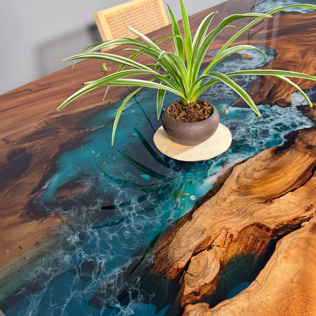 Large-scale CRT-272 luxury dining table with expansive walnut wood planks and a continuous ocean wave resin river, ideal for grand dining rooms or executive offices.