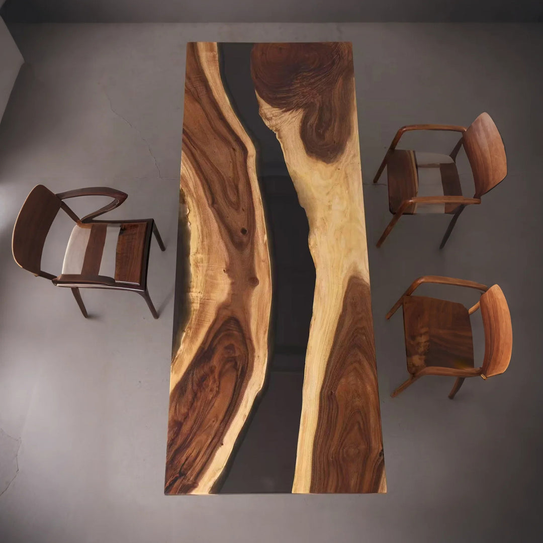 Modern conference room table featuring a resin river design